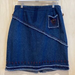 Vintage Knee Length Beaded Blue Denim Skirt